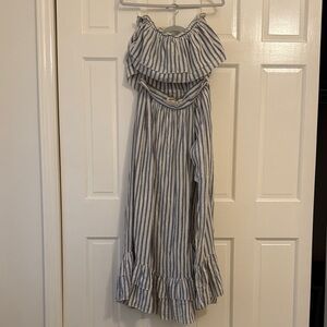 Listicle Off-Shoulder Blue and White Striped top and skirt